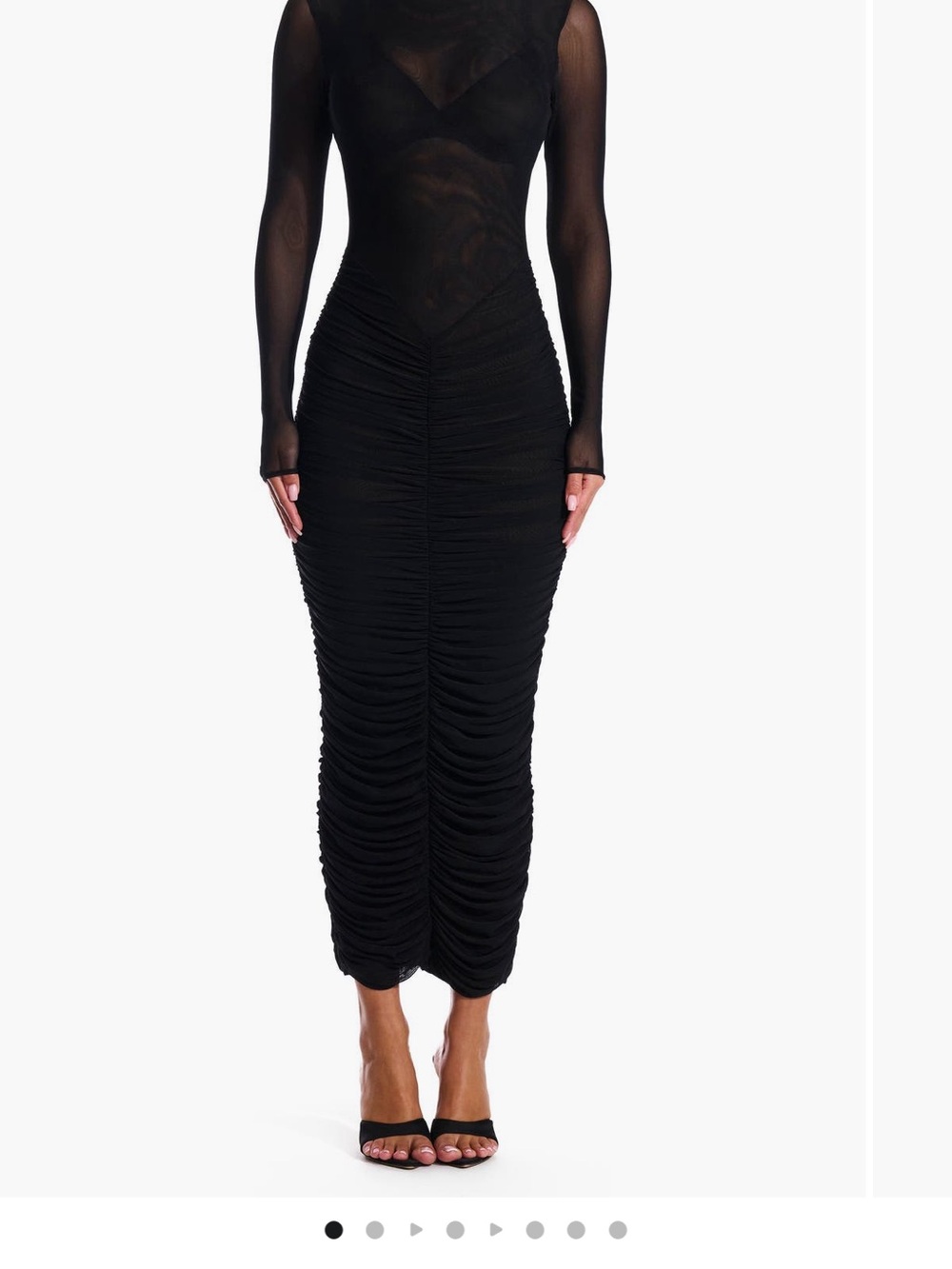 naked wardrobe Black Ruched Sheer Long Sleeve Bodycon Midi Dress